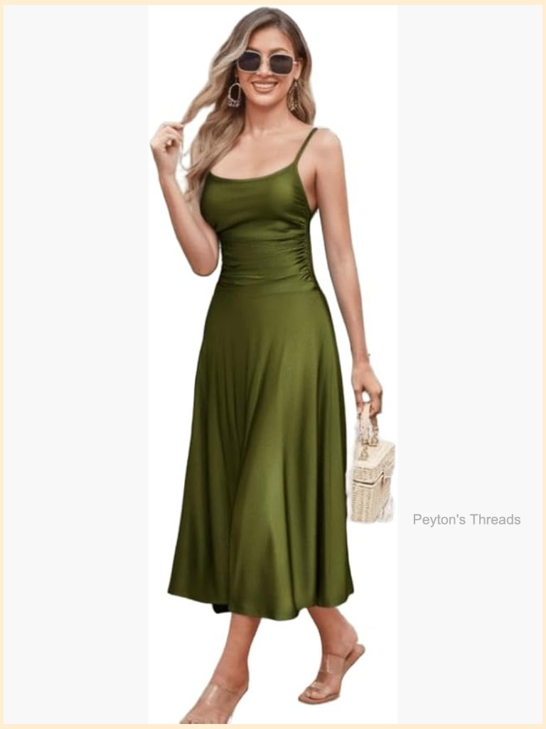 Spaghetti Strap Midi Dress Square Neck Ruched Waist A-Line Sleeveless Summer